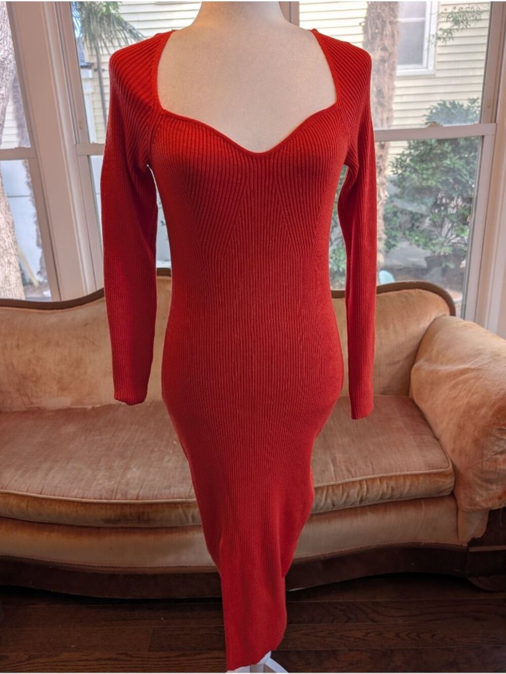 Olive+Oak Red Long-sleeve Ribbed Knit Midi Sweater Dress Size M Night Out READ